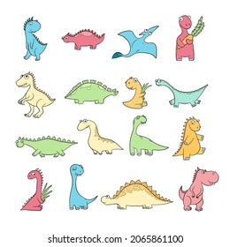 Cute Dinosaurs. Set Of Funny Wild Ancient Reptiles Pterodactyl Diplodocus Doodle Characters