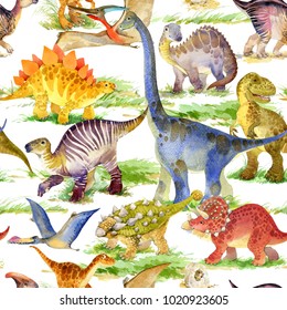 cute dinosaurs watercolor seamless pattern