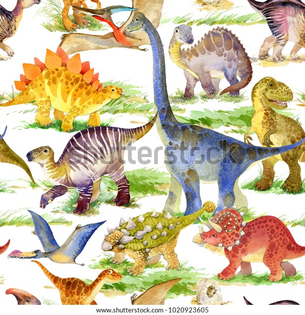 cute dinosaurs watercolor seamless pattern wallpaper mural.