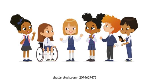 Cute diverse elementary pupils wearing school uniform flat illustration. Happy little girl in wheelchair greeting friends at multiracial inclusive education class smiling together isolated - Powered by Shutterstock