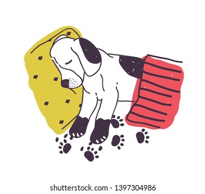 Cute Dog With Dirty Paws Sleeping In Bed Under Blanket. Amusing Naughty Puppy Isolated On White Background. Bad Habit Of Domestic Animal, Problem Behavior. Colored Hand Drawn Illustration.