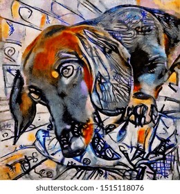 Cute Dog Face. Modern Abstraction In Picasso Style. The Painting Is Done In Oil On Canvas With Elements Of Pastel Painting.