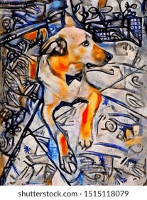 Cute Dog Face. Modern Abstraction In Picasso Style. The Painting Is Done In Oil On Canvas With Elements Of Pastel Painting.