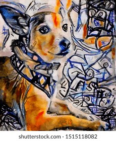 Cute Dog Face. Modern Abstraction In Picasso Style. The Painting Is Done In Oil On Canvas With Elements Of Pastel Painting.