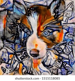 Cute Dog Face. Modern Abstraction In Picasso Style. The Painting Is Done In Oil On Canvas With Elements Of Pastel Painting.