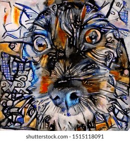 Cute Dog Face. Modern Abstraction In Picasso Style. The Painting Is Done In Oil On Canvas With Elements Of Pastel Painting.