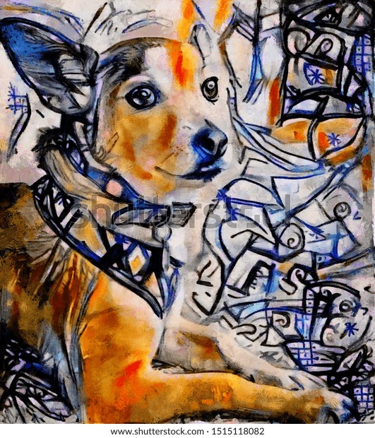 可愛い犬の顔 ピカソ式の現代抽象化 絵は絵の具を練り合わせた油絵で描かれている のイラスト素材