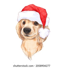 Cute Dog In Santa Hat. Christmas Watercolor Painting.