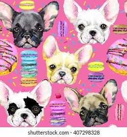 Cute Dog Seamless Pattern. French Bulldog. Puppy Watercolor Illustration. Fashion Print. Sweet Dessert Background.