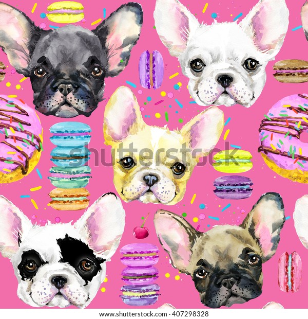 かわいい犬のシームレスな柄 フランスのブルドッグ 子犬の水彩イラスト ファッションプリント 甘いデザートの背景 のイラスト素材