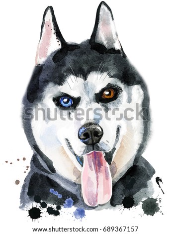 Cute Dog. Dog T-shirt graphics. watercolor husky illustration