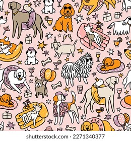 Cute dogs having summer fun by the pool with inflatable toys and cocktails. Cartoon seamless pattern illustration - Powered by Shutterstock