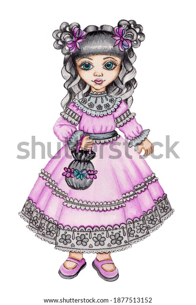 黒い髪のピンクのドレスを着たかわいい人形 子ども向けのイラスト はがき 子ども向けの本など のイラスト素材