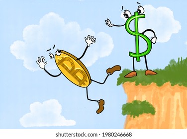 Cute Dollar Sign Waving Good Bye To A Bitcoin Falling Down From The Cliff. Trade Market Drama. Digital Currency Crisis. A Funny Cartoony Sketch Of Money Rating On Stock.