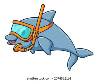 The cute dolphin is swimming and the goggles illustration