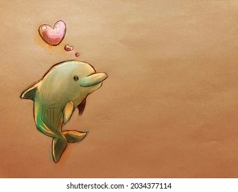 Cute dolphins and hearts  Handwriting style illustration 