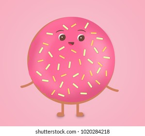 Cute Donut Mascot Character On Pink Background Without Hole And With Sprinkles Cute Donut Mascot Character On Pink Background Without Hole And With Sprinkles