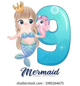 Cute Doodle Mermaid With Number For Birthday Party Illustration