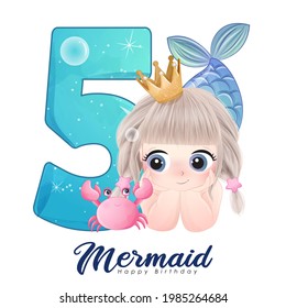 Cute Doodle Mermaid With Number For Birthday Party Illustration