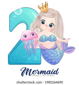 Cute Doodle Mermaid With Number For Birthday Party Illustration