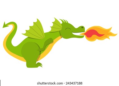 Cute dragon throwing fire isolated