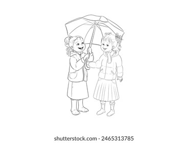 Cute drawing of two little girls good friends smiling in winter outdoors with colorful umbrella and boots - Powered by Shutterstock