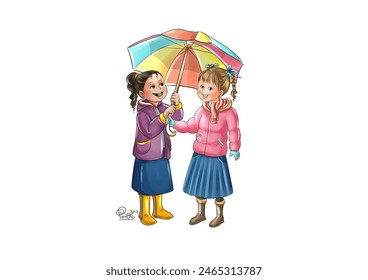 Cute drawing of two little girls good friends smiling in winter outdoors with colorful umbrella and boots - Powered by Shutterstock