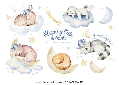 Cute dreaming cartoon animal hand drawn watercolor illustration. Can be used for t-shirt print, kids nursery wear fashion design, baby shower invitation card.