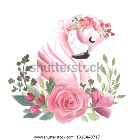 Cute dreaming girl baby pink flamingo with flowers, floral wreath