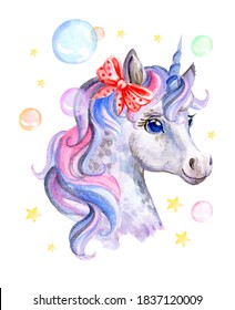 Cute dreaming romantic unicorn with soap bubbles and bow, watercolor illustration isolated on white background for celebration, birthday, baby shower, greeting cards, print, design, wallpaper.