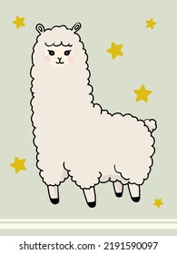 Cute Dull Color Star And Fluffy Alpaca Illustration Retro Style