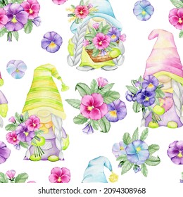 Cute Dwarfs, Daisy Flowers, On An Isolated Background. Watercolor Seamless Pattern, In Cartoon Style.