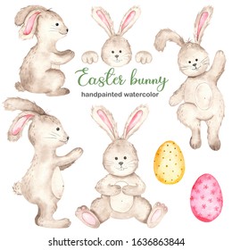 Cute Easter Bunnies And Eggs. Watercolor Set. Clipart