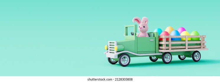 Cute Easter Bunny Drive Car And Carry Colorful Painted Eggs. Easter Holiday Concept On Green Background 3d Render 3d Illustration