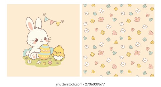 Cute Easter Bunny Holding Egg with Chick – Pastel Kawaii Spring Illustration (Vector)