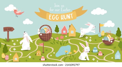 Cute Easter Egg hunt design for children, hand drawn with cute bunnies, eggs and decorations - great for party invitations, banners, wallpapers  - Powered by Shutterstock