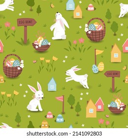 Cute Easter Egg hunt design for children, hand drawn with cute bunnies, eggs and decorations - great for party invitations, banners, wallpapers  - Powered by Shutterstock