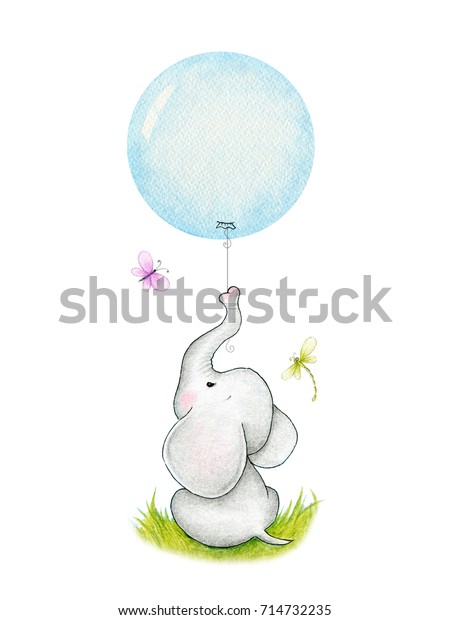 かわいい象と青い風船 のイラスト素材 714732235