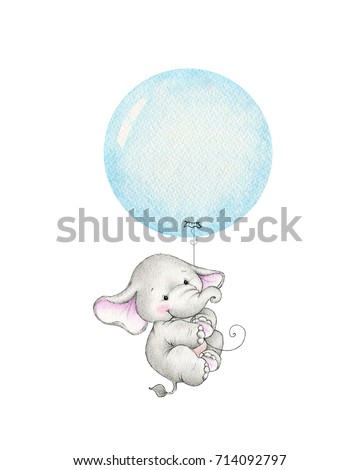 Cute elephant flying on a blue balloon