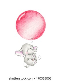 Cute Elephant Flying On Red Balloon