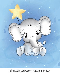 Cute Elephant On Cloud And Star Ballon Watercolor 