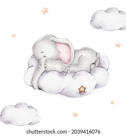 Cute elephant sleeps on cloud; watercolor hand drawn illustration; with white isolated background
