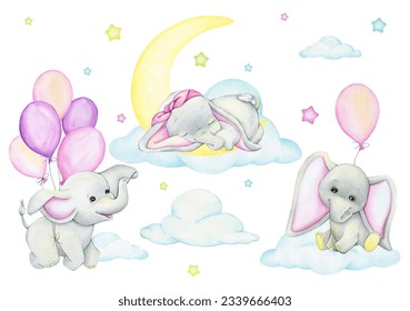 Cute elephants, balloons, moon, clouds, stars. Watercolor set, cartoon-style cliparts, on an isolated background. - Powered by Shutterstock