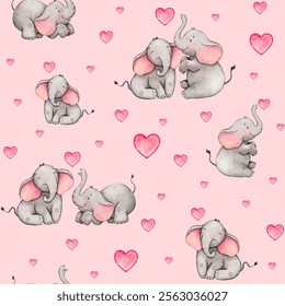 Cute elephants playfully interacting against a pink heart-patterned background - Powered by Shutterstock