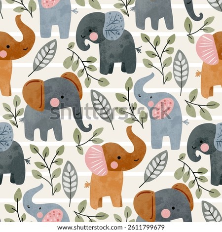 Cute Elephants Seamless Pattern Jungle Leaves and Baby Safari Theme for Kids Fabric Nursery Wallpaper Scrapbooking and Animal Themed Products in Hand Drawn Watercolor Style