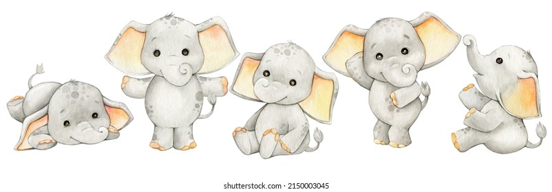 Cute Elephants, Sitting. Watercolor Animal In Cartoon Style, On An Isolated Background.