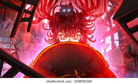 Cute And Embittered Anime Girl Clutches Her Hat In Anger With Her Hands, Releasing Her Red Sinister Aura By Telekinesis, Lifting All The Objects In The Room With A Mad Cat On Her Head. 2d Cartoon Art