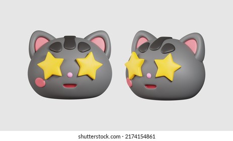 Cute Emoticon Starry Eyed, Golden Stars For Eyes Excited Cat Isolated On White Background. Cat Head Emoji Concept. 3D Render Illustration