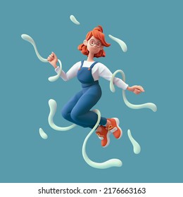 Cute excited сasual asian active red-haired girl wears fashion clothes white t-shirt, blue overalls, orange sneakers jump up in air have fun rejoice, joy, liquid dynamic shape bubbles fly. 3d render.
