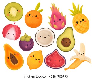 Cute Exotic Fruit Set, Kawaii Fruit Clipart, Isolated On White Background, Suitable For Prints, Stickers, Postcards, Patterns, Website Elements